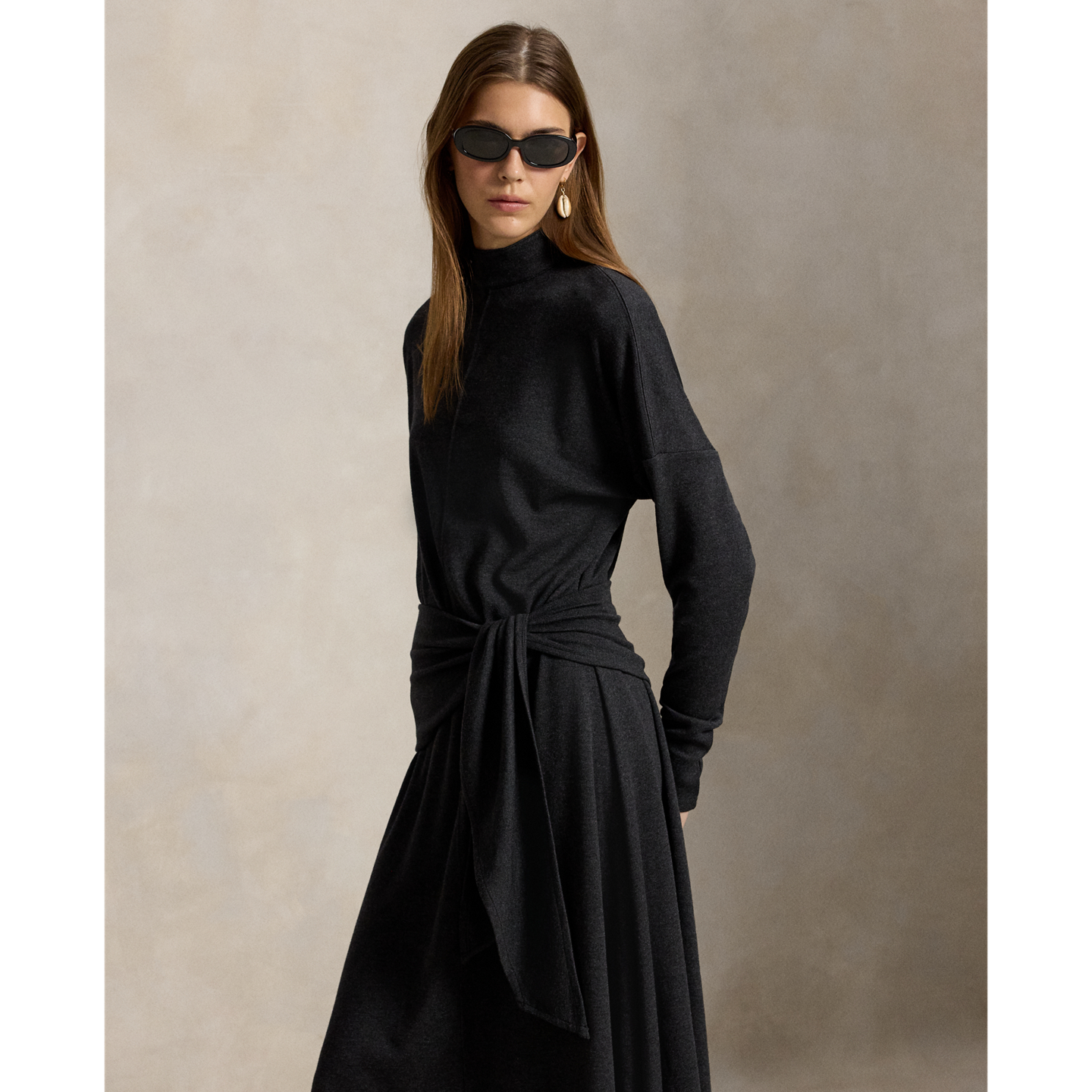 Женское платье Polo Ralph Lauren Tie-Waist Wool-Blend Jersey, цвет: Оникс меланжевый — фото 1
