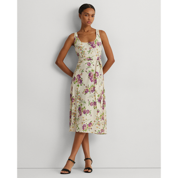 Floral Belted Crepe Sleeveless Dress