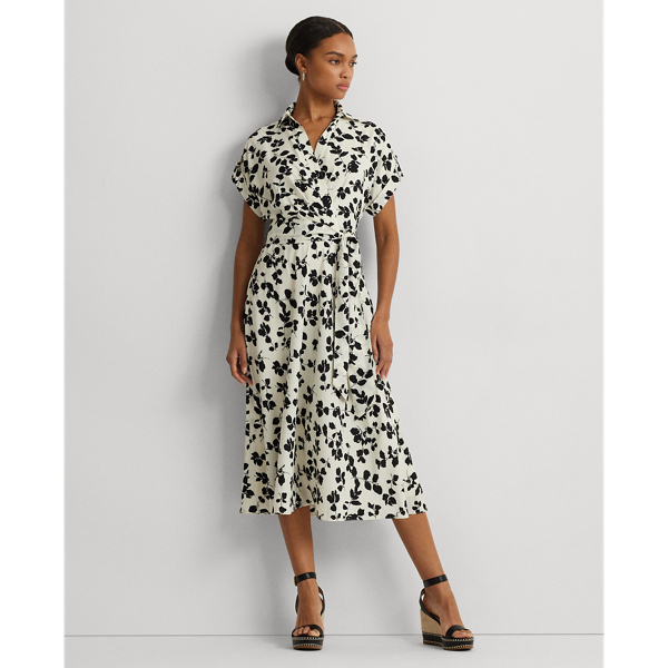 Cream/Black Leaf-Print Belted Crepe Dress Lauren 1