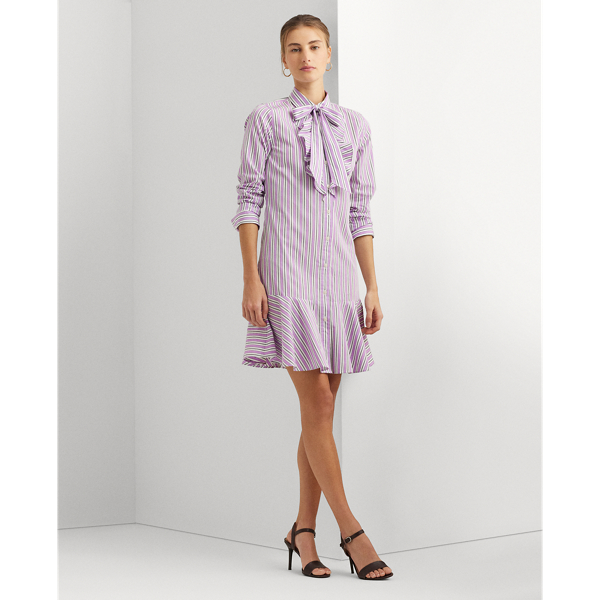 Purple Multi Striped Broadcloth Tie-Neck Shirtdress Lauren 1