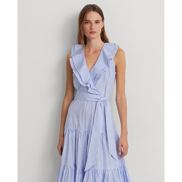 Blue/White Striped Cotton Broadcloth Surplice Dress Lauren 4