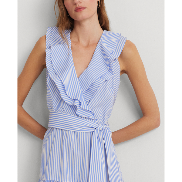 Blue/White Striped Cotton Broadcloth Surplice Dress Lauren 6