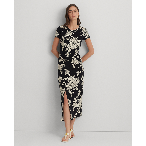 Black/Cream Floral Jersey Twist-Front Midi Dress Lauren 1