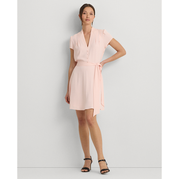 Pink Opal Belted Georgette Short-Sleeve Dress Lauren 1