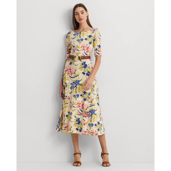 Cream/Blue Multi Floral Stretch Cotton Midi Dress Lauren 1