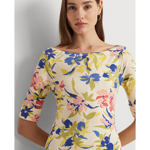 Cream/Blue Multi Floral Stretch Cotton Midi Dress Lauren 6