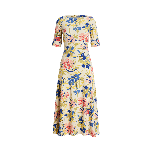 Cream/Blue Multi Floral Stretch Cotton Midi Dress Lauren 2
