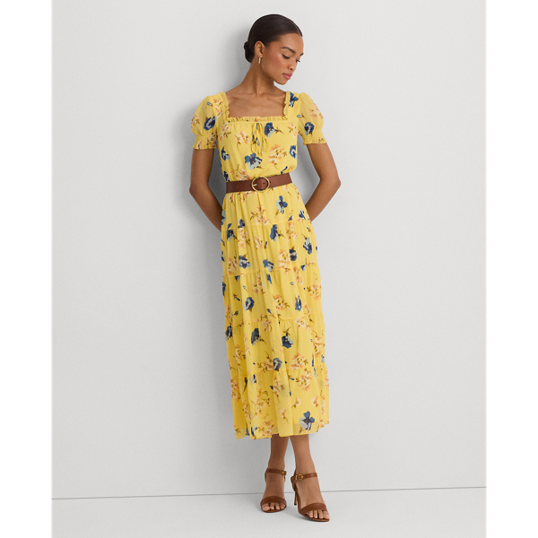 Floral Georgette Puff-Sleeve Midi Dress