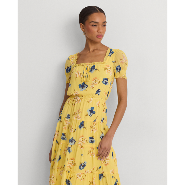 Yellow Multi Floral Georgette Puff-Sleeve Midi Dress Lauren 1