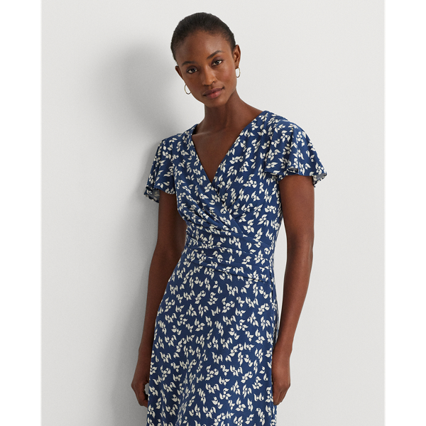 Blue/Cream Floral Stretch Jersey Surplice Dress Lauren 4