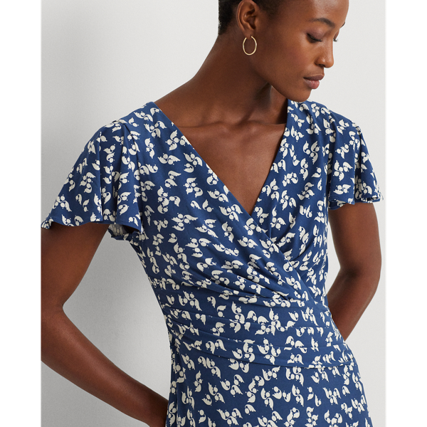 Blue/Cream Floral Stretch Jersey Surplice Dress Lauren 6