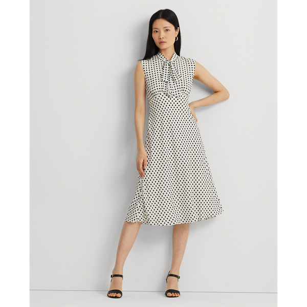 Polka-Dot Georgette Tie-Neck Dress