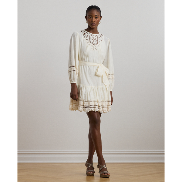 Mascarpone Cream Lace-Trim Belted Cotton Voile Dress Lauren 1