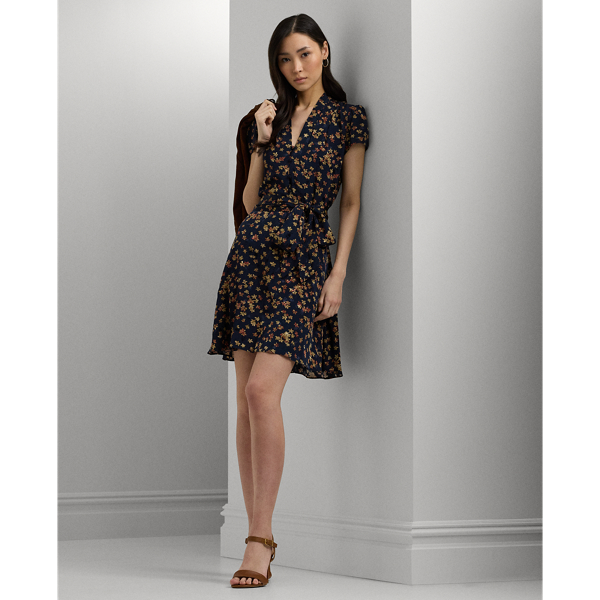 Navy Multi Floral Belted Short-Sleeve Dress Lauren 1