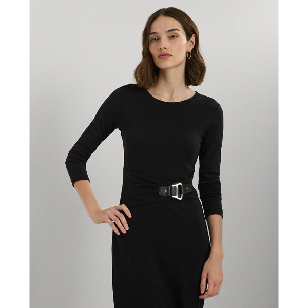 Black Buckle-Trim Cotton-Blend Knit Midi Dress Lauren 4
