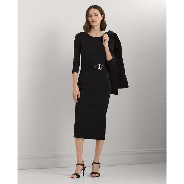 Black Buckle-Trim Cotton-Blend Knit Midi Dress Lauren 1