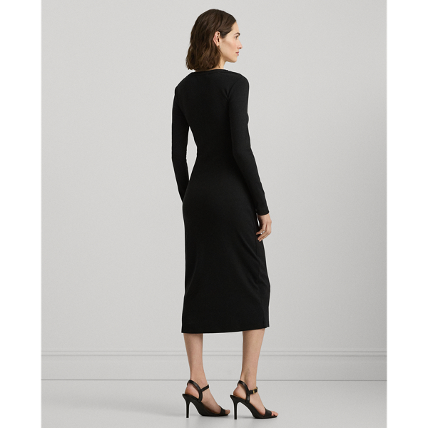 Black Buckle-Trim Cotton-Blend Knit Midi Dress Lauren 5