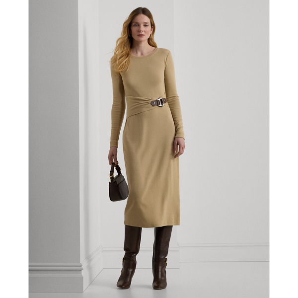 Birch Tan Buckle-Trim Cotton-Blend Knit Midi Dress Lauren 1