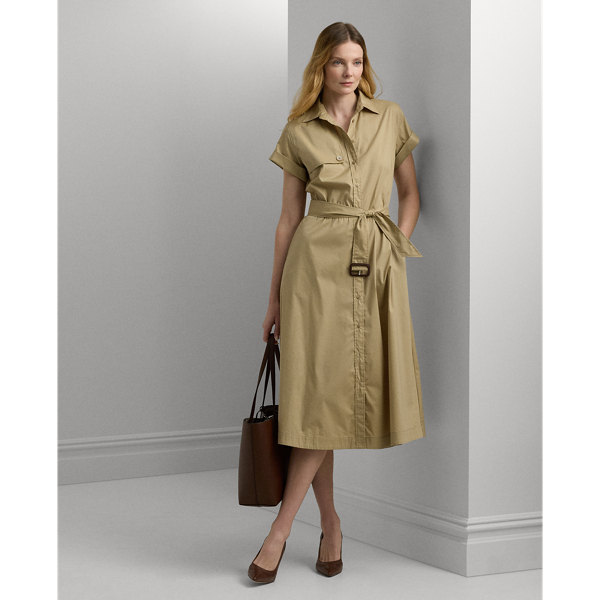 Birch Tan Belted Stretch-Cotton Blend Shirtdress Lauren 1