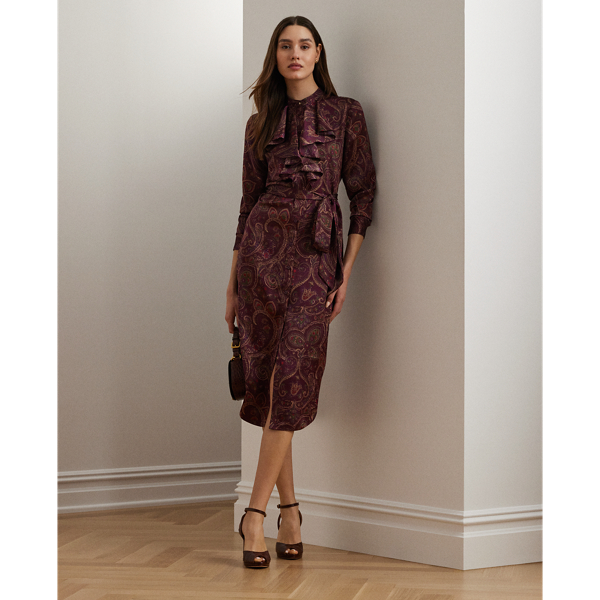 Burgundy Multi Paisley Ruffle-Trim Charmeuse Shirtdress Lauren 1