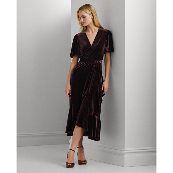 Belted Velvet Flutter Sleeve Dress