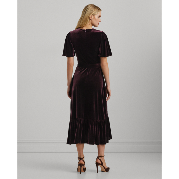 Royal Claret Velvet Belted Velvet Flutter-Sleeve Dress Lauren 5