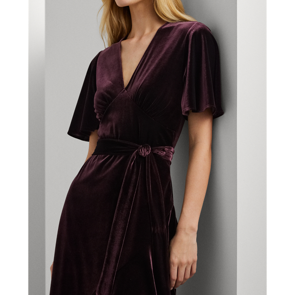 Belted Velvet Flutter Sleeve Dress