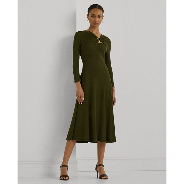 Cocktail Dress Ralph Lauren Olive Green Dress Ring-Trim Rib-Knit
