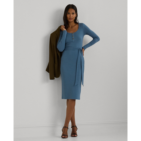 Belted Rib-Knit Henley Dress