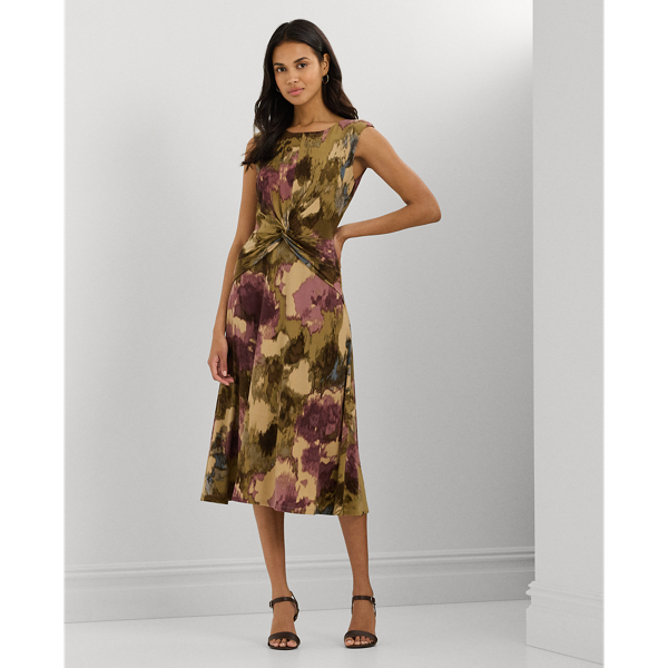 Tan Multi Floral Twist-Front Jersey Dress Lauren 1