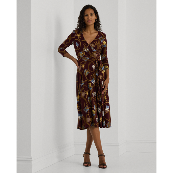 Burgundy Multi Belting-Print Surplice Jersey Dress Lauren 1