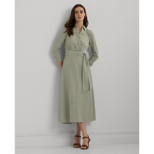 Olive/White Striped Surplice Broadcloth Midi Dress Lauren 1