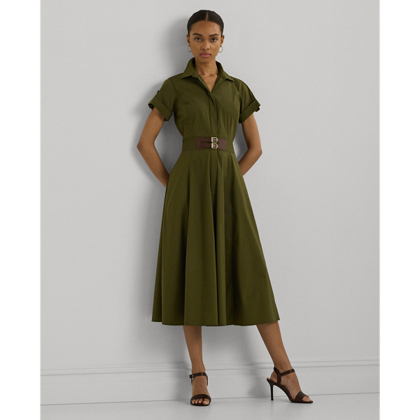 Botanic Green Buckle-Trim Stretch-Cotton Blend Dress Lauren 1