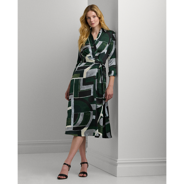 Black/Green/Cream Geo-Print Satin Charmeuse Midi Dress Lauren 1