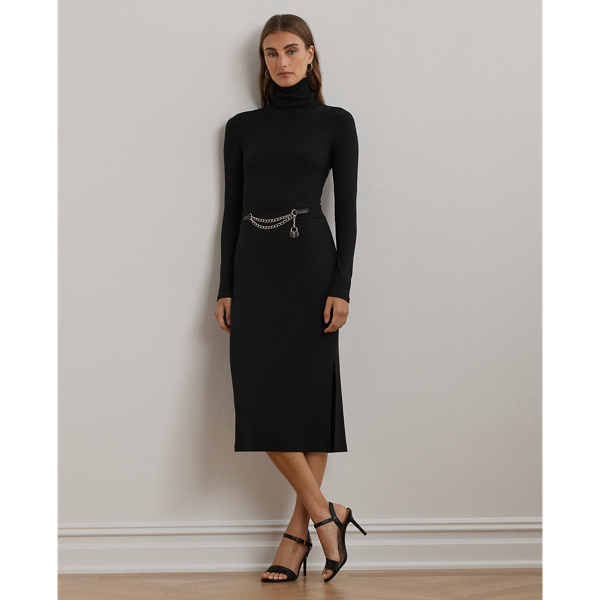 Black Chain-Trim Rib-Knit Turtleneck Dress Lauren 1