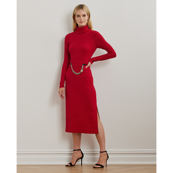 Chain-Trim Rib-Knit Turtleneck Dress