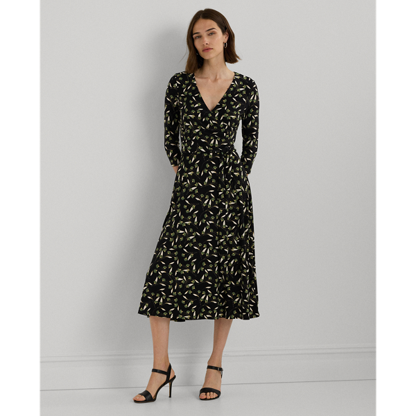 Black/Green/Cream Floral Surplice Stretch Jersey Dress Lauren 1