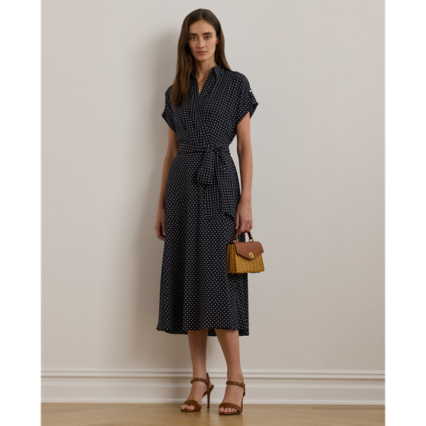 Polka Dot Belted Crepe Dress