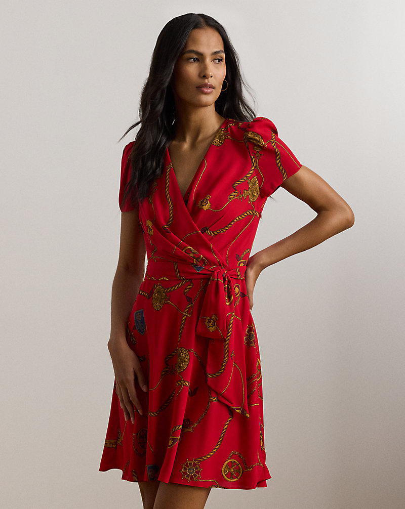 Print Belted Georgette Puff-Sleeve Dress Print Belted Georgette Puff-Sleeve Dress