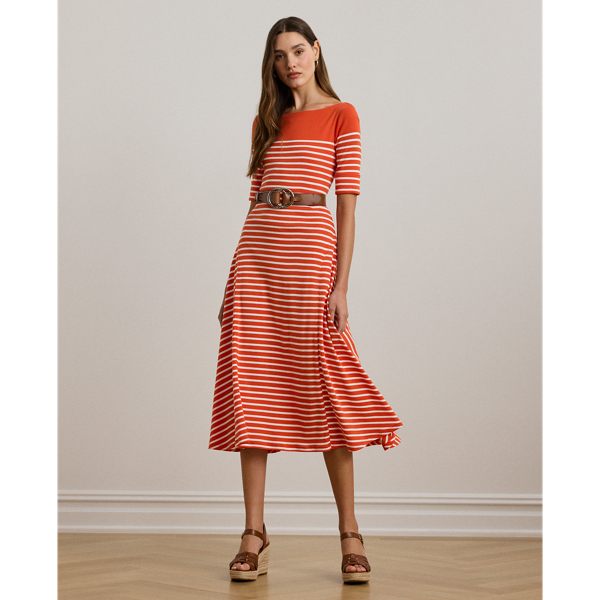 Orange Lily/White Gestreiftes Midikleid aus Baumwolle Lauren 1