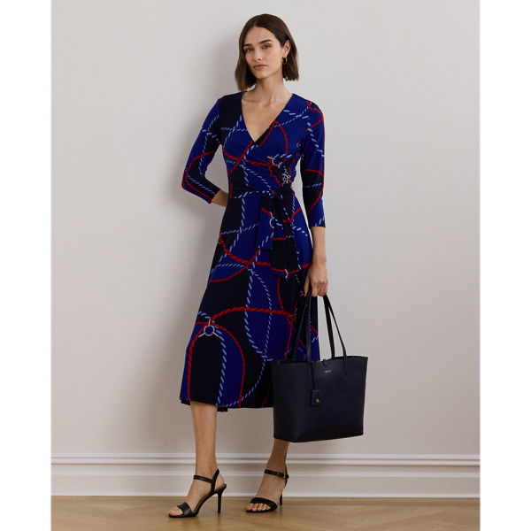 Blue Multi Rope-Print Surplice Stretch Jersey Dress Lauren 1