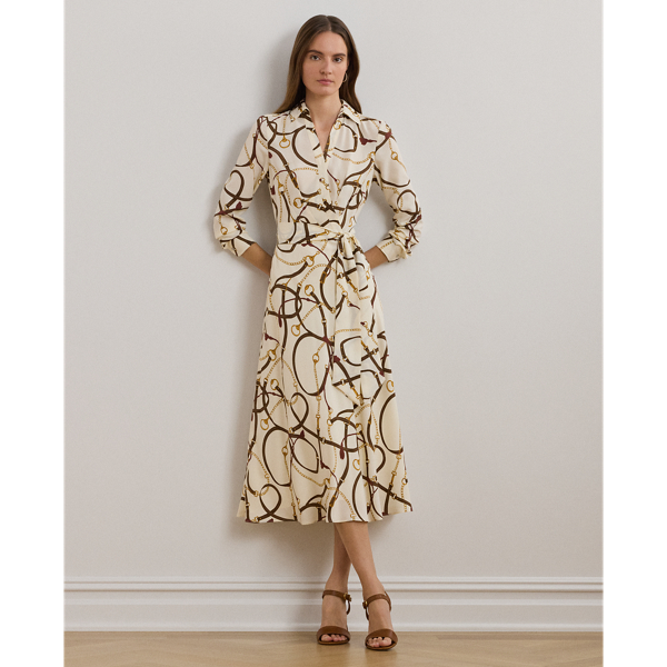 Cream Multi Midikleid aus Crêpe mit Gürteldruck Lauren 1
