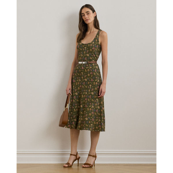 【Lauren Ralph Lauren】Belted Crepe Sleeveless Dress Floral Belted Crepe Sleeveless Dress