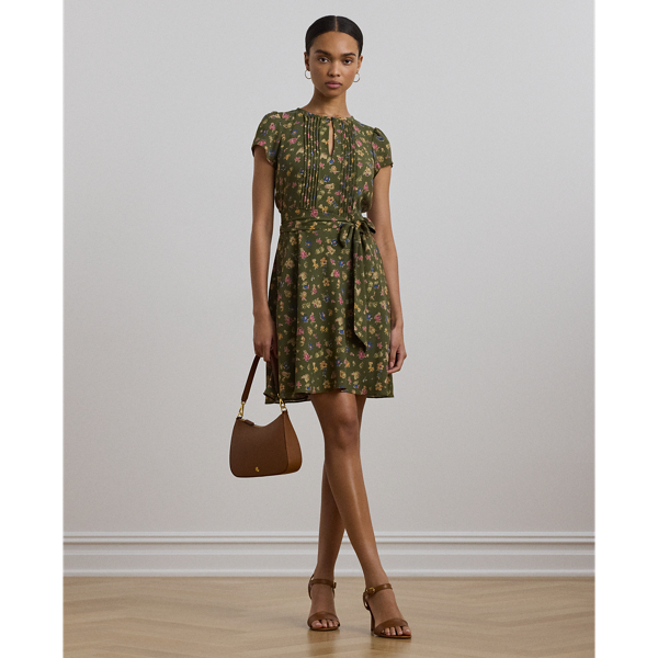 Olive Multi Geblümtes Kleid aus Georgette mit Gürtel Lauren 1