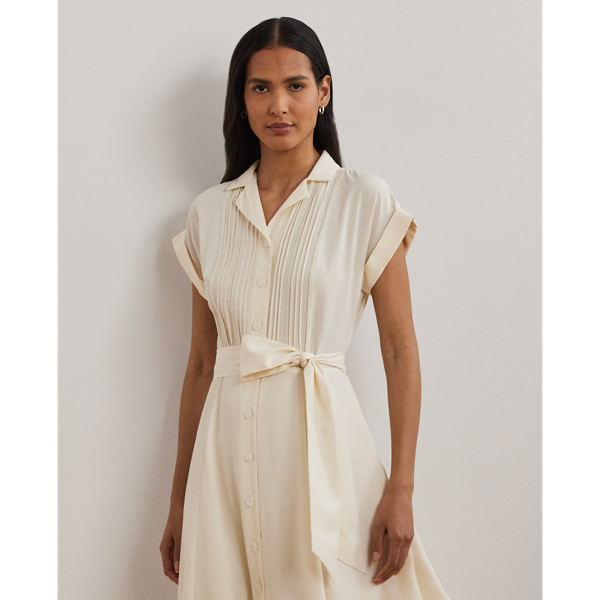 送関込☆LAURENRALPHLAUREN BELTED CREPE PINTUCKED SHIRTDRESS Belted Crepe Pintucked Shirtdress