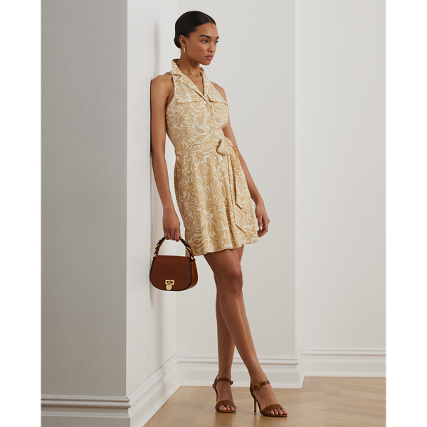 Cream/Tan Ärmelloses Crêpe-Hemdkleid mit Blumen Lauren 1