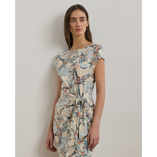 Tie-Front Print Boatneck Midi Dress