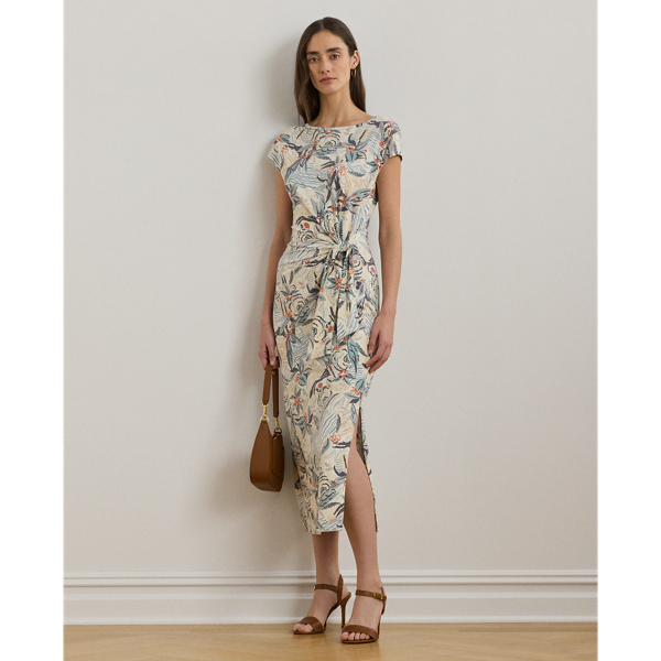 Cream Multi Tie-Front Print Boatneck Midi Dress Lauren 1