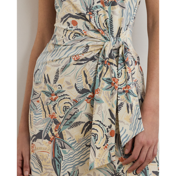 Tie-Front Print Boatneck Midi Dress