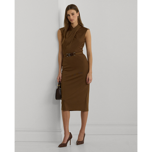 Dark Terracotta Belted Jersey Mockneck Dress Lauren Petite 1